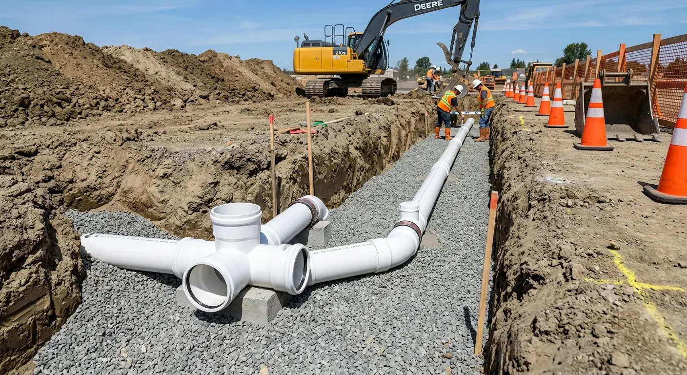 New PVC sewer pipe installation in open trench for Sewer Backup in Morristown