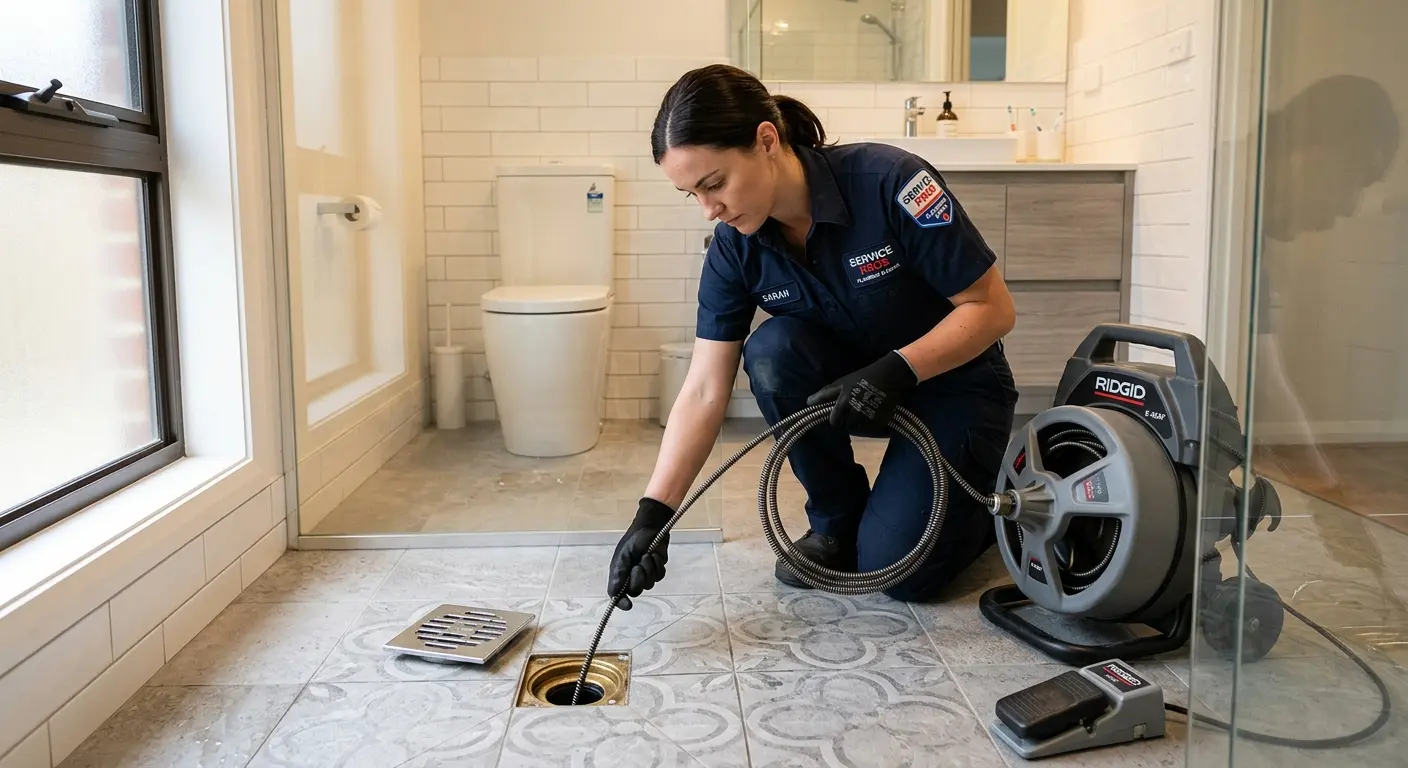 Technician clearing a bathroom floor drain for Drain Cleaning in Morristown